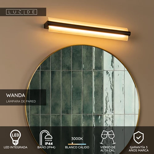 Lucide WANDA - Lámpara de pared Baño - LED - 1x19W 3000K - IP44 - Negro - USP